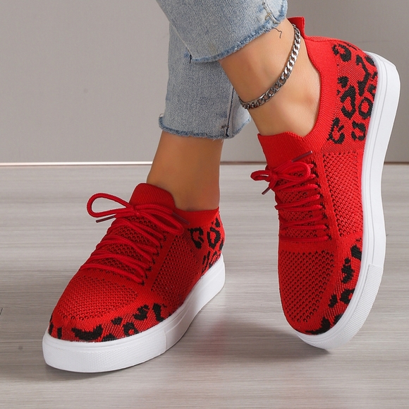 (Out Of Stock) Red Leopard Lace-Up Sneakers - Picture 4 of 7